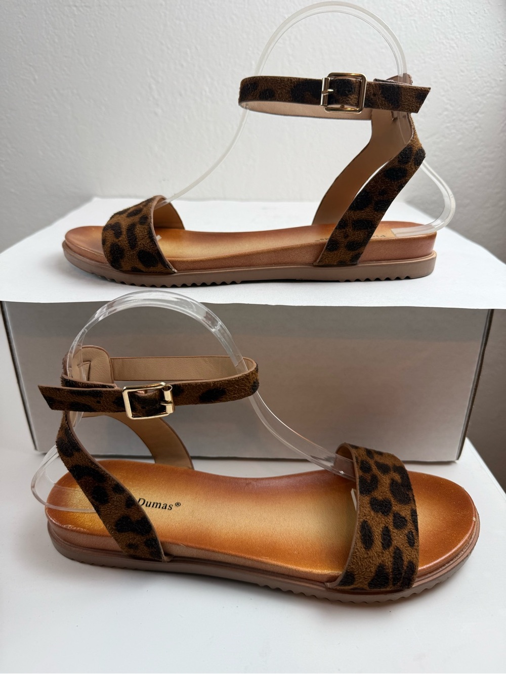 Pierre Dumas-Leopard, Faux Suede, Ankle Strap, Open Toe, Flat, Sandals. Size-8